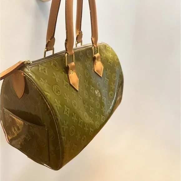 Vintage Olive Green Patent Monogram Satchel Speedy Style Y2K Glossy Handbag - Picture 3 of 16